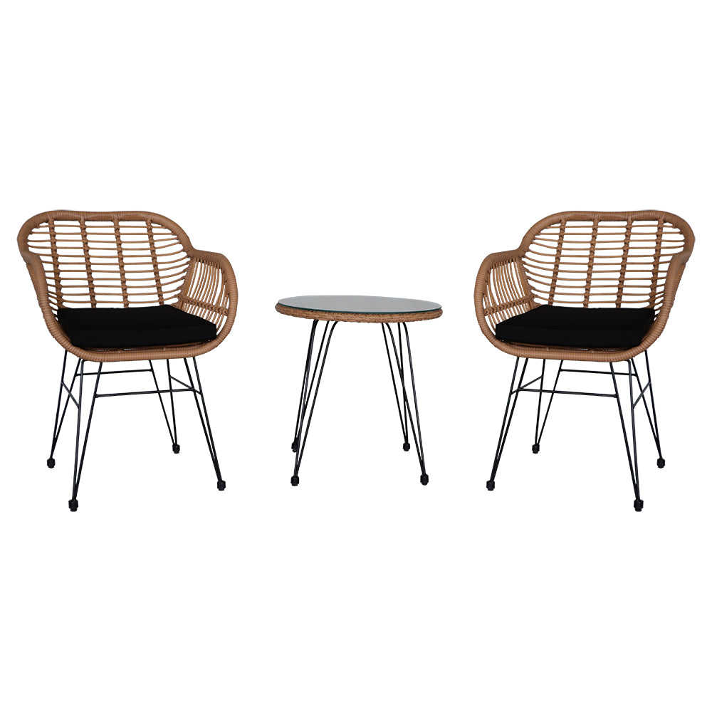 HAOYYE 3 Piece Wicker Patio Conversation Set with Round Tempered Glass Table, Flaxen Yellow PE Rattan Outdoor Armchairs for Balcony Porch Garden Deck, Indoor Outdoor All-Weather Furniture Set