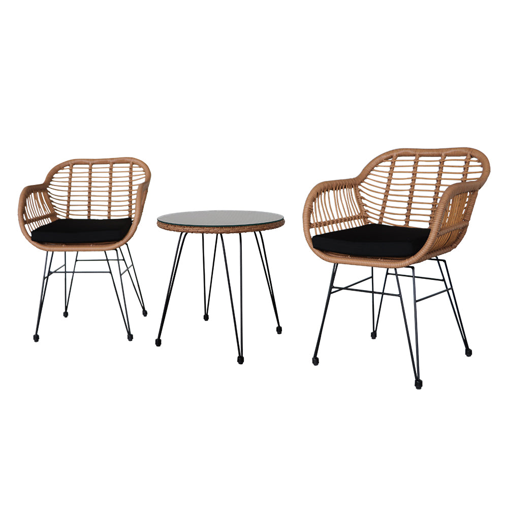 HAOYYE 3 Piece Wicker Patio Conversation Set with Round Tempered Glass Table, Flaxen Yellow PE Rattan Outdoor Armchairs for Balcony Porch Garden Deck, Indoor Outdoor All-Weather Furniture Set