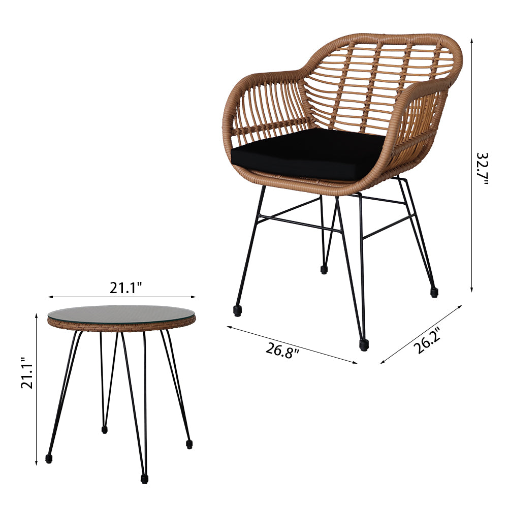 HAOYYE 3 Piece Wicker Patio Conversation Set with Round Tempered Glass Table, Flaxen Yellow PE Rattan Outdoor Armchairs for Balcony Porch Garden Deck, Indoor Outdoor All-Weather Furniture Set