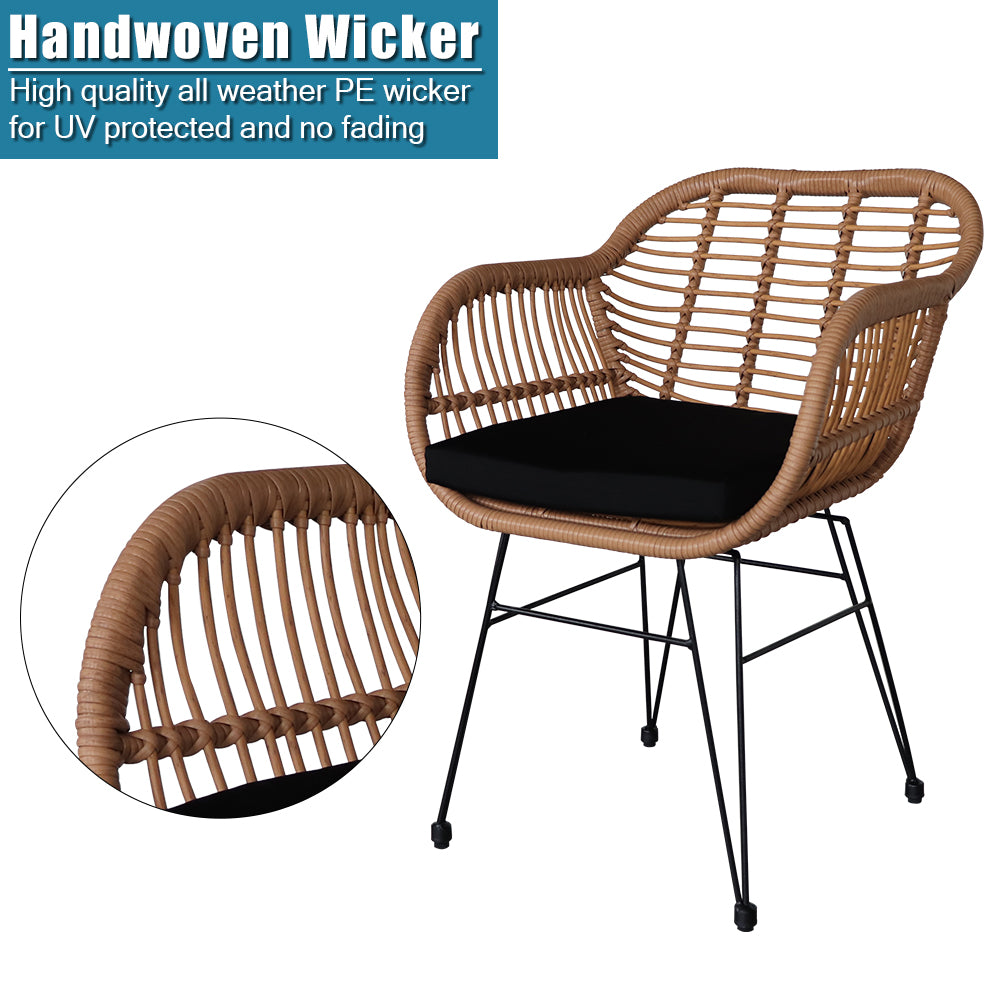 HAOYYE 3 Piece Wicker Patio Conversation Set with Round Tempered Glass Table, Flaxen Yellow PE Rattan Outdoor Armchairs for Balcony Porch Garden Deck, Indoor Outdoor All-Weather Furniture Set