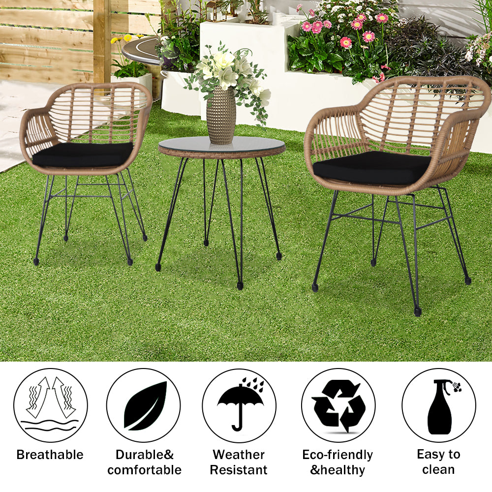 HAOYYE 3 Piece Wicker Patio Conversation Set with Round Tempered Glass Table, Flaxen Yellow PE Rattan Outdoor Armchairs for Balcony Porch Garden Deck, Indoor Outdoor All-Weather Furniture Set