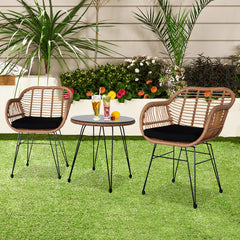 HAOYYE 3 Piece Wicker Patio Conversation Set with Round Tempered Glass Table, Flaxen Yellow PE Rattan Outdoor Armchairs for Balcony Porch Garden Deck, Indoor Outdoor All-Weather Furniture Set