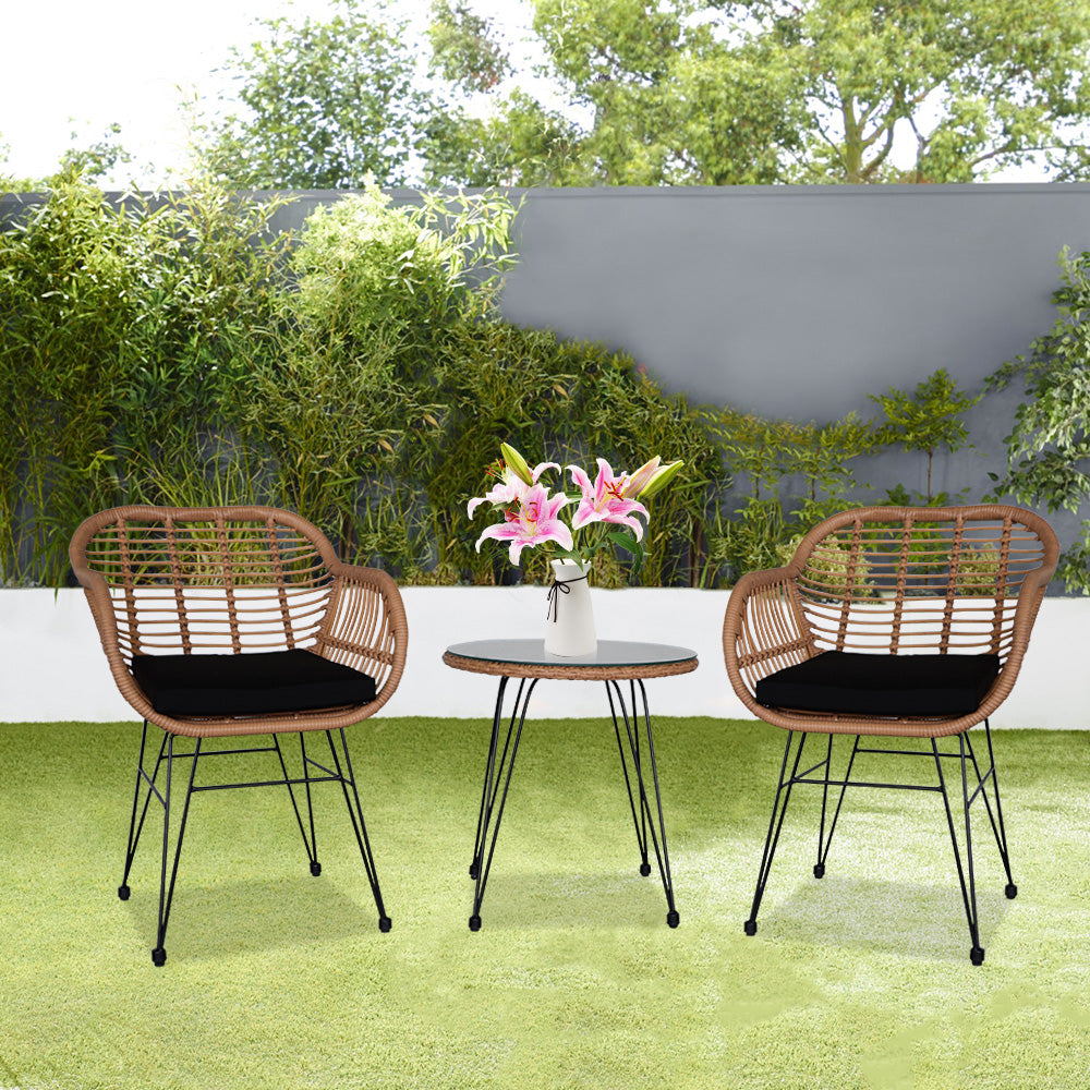 HAOYYE 3 Piece Wicker Patio Conversation Set with Round Tempered Glass Table, Flaxen Yellow PE Rattan Outdoor Armchairs for Balcony Porch Garden Deck, Indoor Outdoor All-Weather Furniture Set