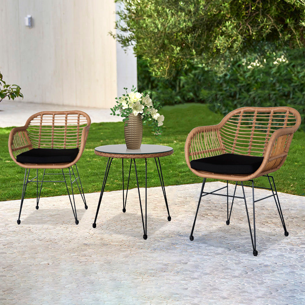 HAOYYE 3 Piece Wicker Patio Conversation Set with Round Tempered Glass Table, Flaxen Yellow PE Rattan Outdoor Armchairs for Balcony Porch Garden Deck, Indoor Outdoor All-Weather Furniture Set