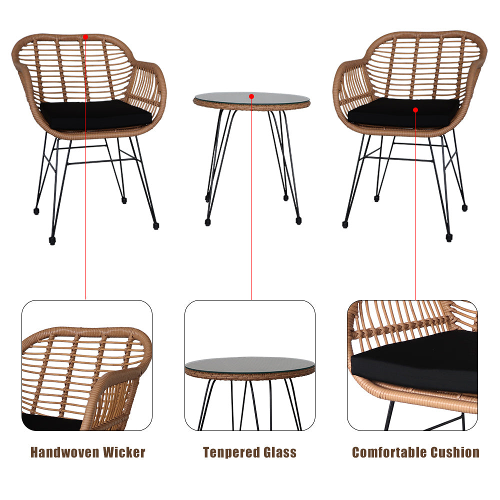 HAOYYE 3 Piece Wicker Patio Conversation Set with Round Tempered Glass Table, Flaxen Yellow PE Rattan Outdoor Armchairs for Balcony Porch Garden Deck, Indoor Outdoor All-Weather Furniture Set