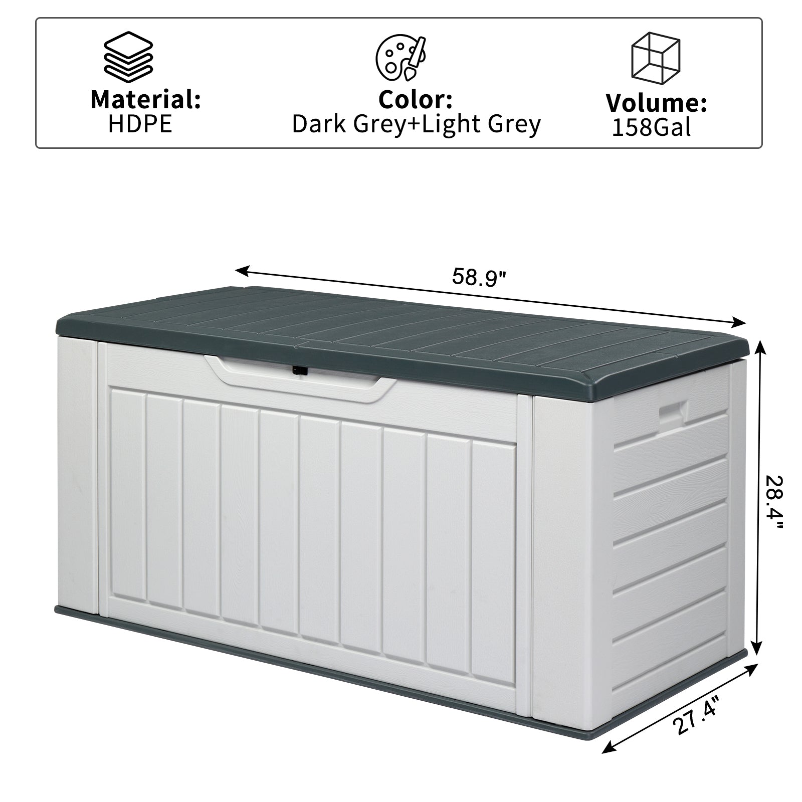 HAOYYE 158 Gallon Large Resin Deck Box Outdoor Waterproof Storage Container HDPE Plastic Patio Storage Box with Vertical Texture Lockable Lid for Garden Porch Backyard Pool Bench Gray and White