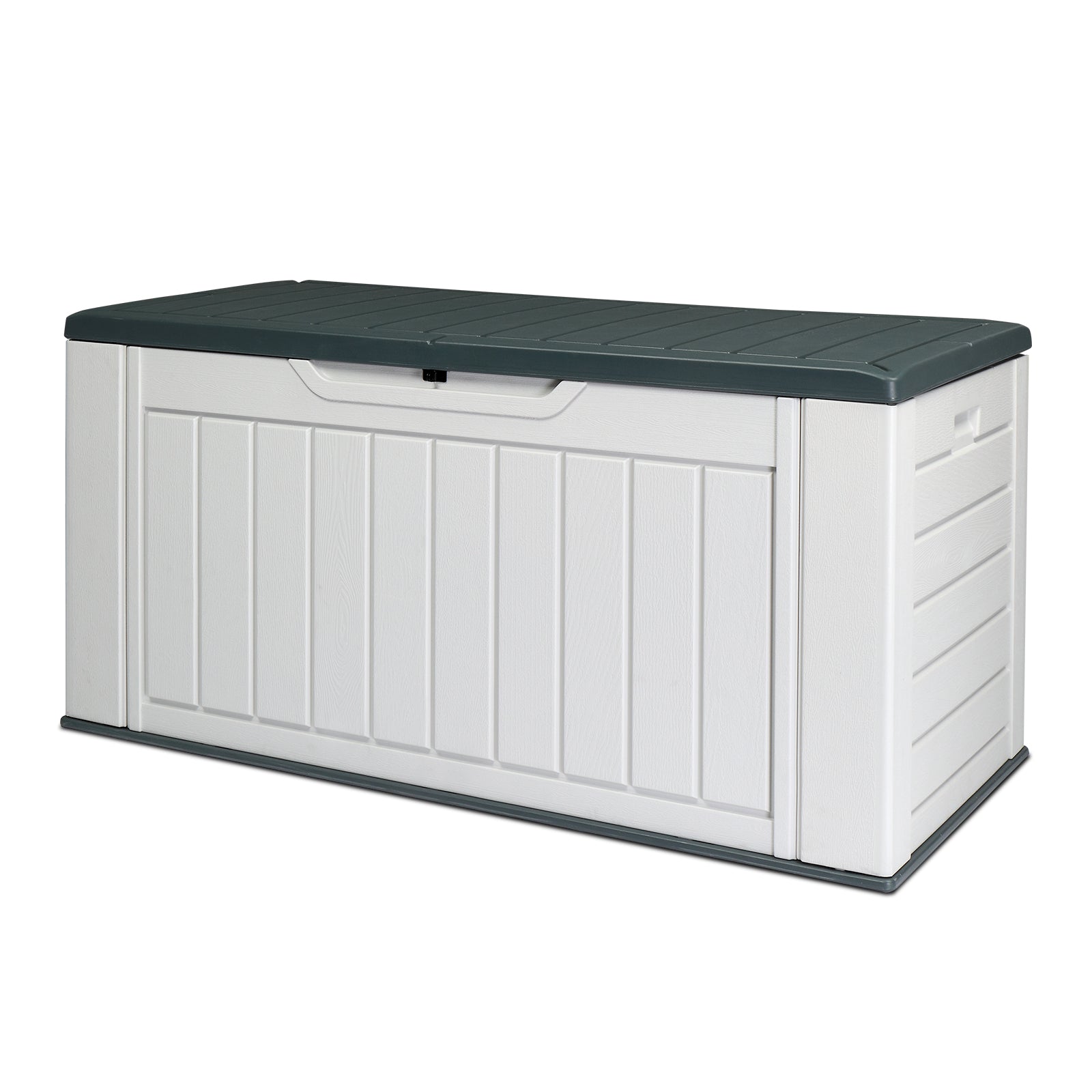 HAOYYE 158 Gallon Large Resin Deck Box Outdoor Waterproof Storage Container HDPE Plastic Patio Storage Box with Vertical Texture Lockable Lid for Garden Porch Backyard Pool Bench Gray and White