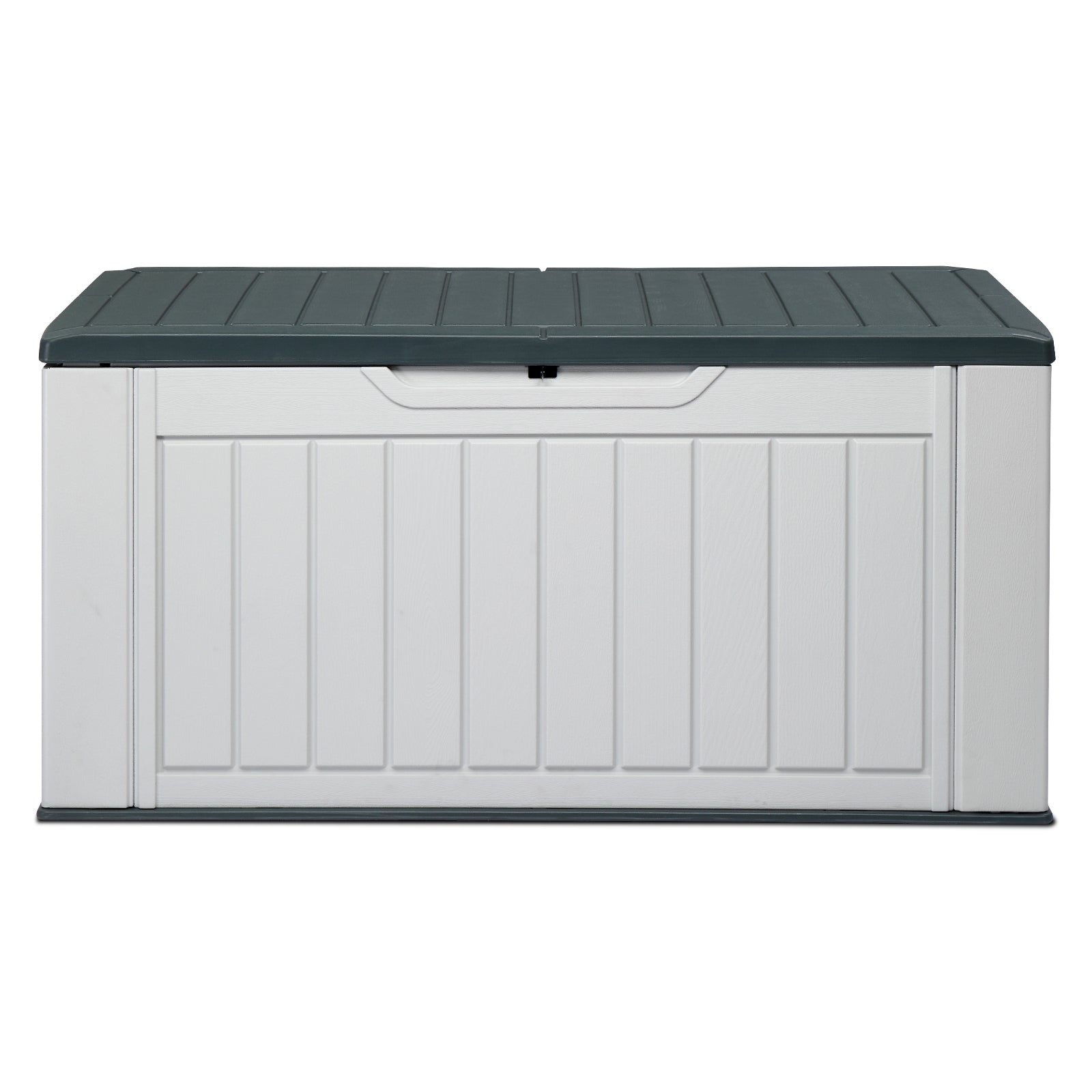HAOYYE 158 Gallon Large Resin Deck Box Outdoor Waterproof Storage Container HDPE Plastic Patio Storage Box with Vertical Texture Lockable Lid for Garden Porch Backyard Pool Bench Gray and White