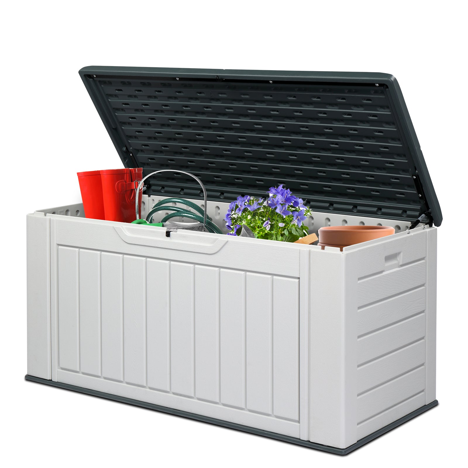 HAOYYE 158 Gallon Large Resin Deck Box Outdoor Waterproof Storage Container HDPE Plastic Patio Storage Box with Vertical Texture Lockable Lid for Garden Porch Backyard Pool Bench Gray and White
