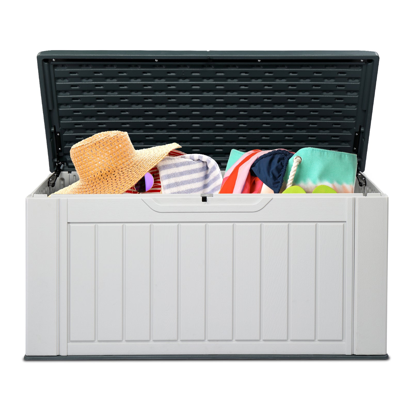 HAOYYE 158 Gallon Large Resin Deck Box Outdoor Waterproof Storage Container HDPE Plastic Patio Storage Box with Vertical Texture Lockable Lid for Garden Porch Backyard Pool Bench Gray and White