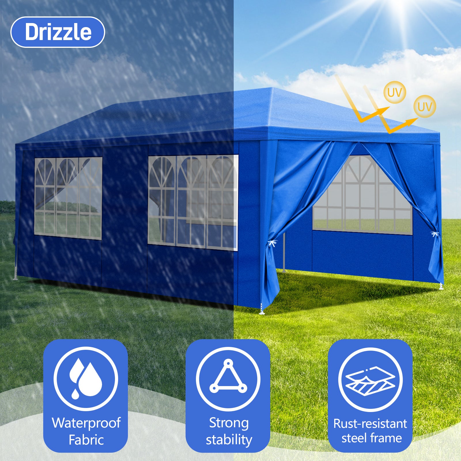 HAOYYE 10x20 Blue Outdoor Party Tent with 6 Removable Sidewalls Waterproof PE Fabric Canopy Shelter for Patio Wedding Event Backyard Garden Iron Frame Portable Gazebo Low Profile Design Easy Setup Sunshade for Commercial and Home Use