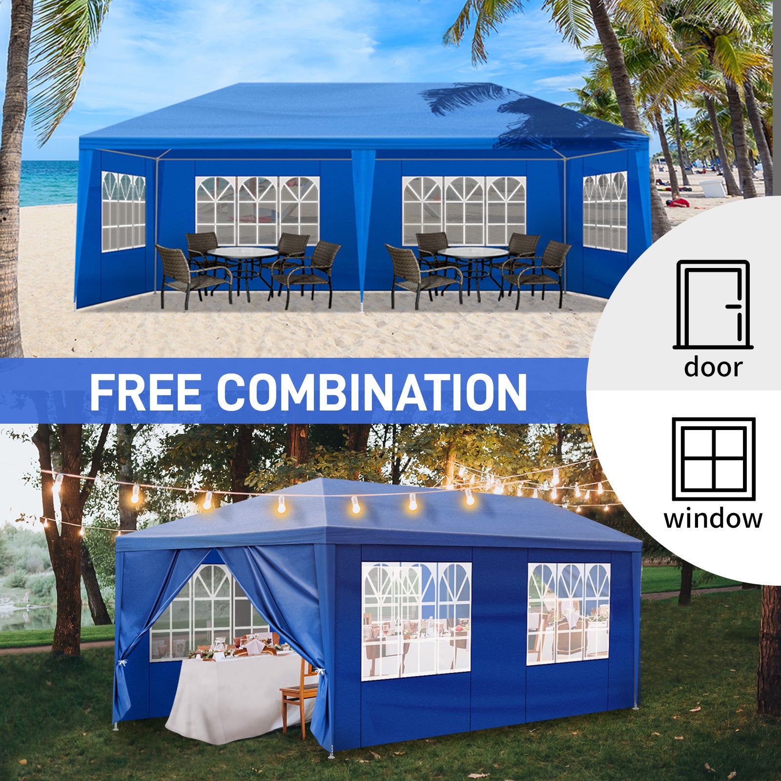 HAOYYE 10x20 Blue Outdoor Party Tent with 6 Removable Sidewalls Waterproof PE Fabric Canopy Shelter for Patio Wedding Event Backyard Garden Iron Frame Portable Gazebo Low Profile Design Easy Setup Sunshade for Commercial and Home Use