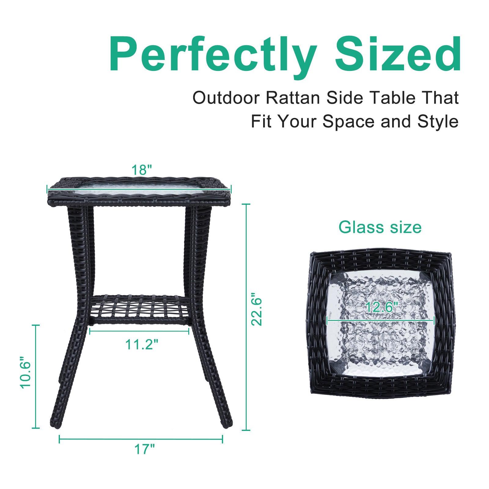 HAOYYE Outdoor Wicker Side Table with Tempered Glass Top, Rattan End Table with Lower Shelf for Storage, Bistro Coffee Table for Patio Balcony Porch Indoor Garden Furniture Decor