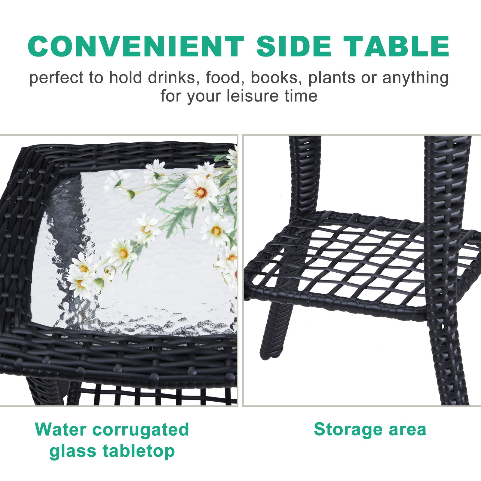 HAOYYE Outdoor Wicker Side Table with Tempered Glass Top, Rattan End Table with Lower Shelf for Storage, Bistro Coffee Table for Patio Balcony Porch Indoor Garden Furniture Decor