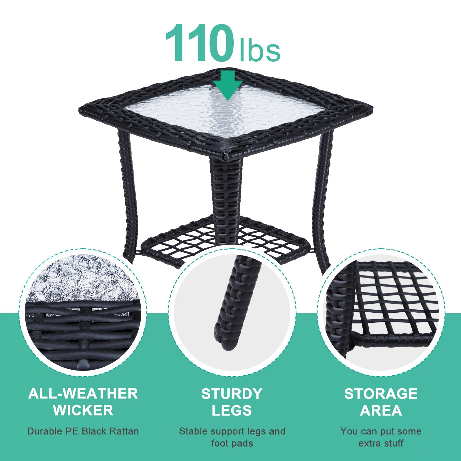 HAOYYE Outdoor Wicker Side Table with Tempered Glass Top, Rattan End Table with Lower Shelf for Storage, Bistro Coffee Table for Patio Balcony Porch Indoor Garden Furniture Decor