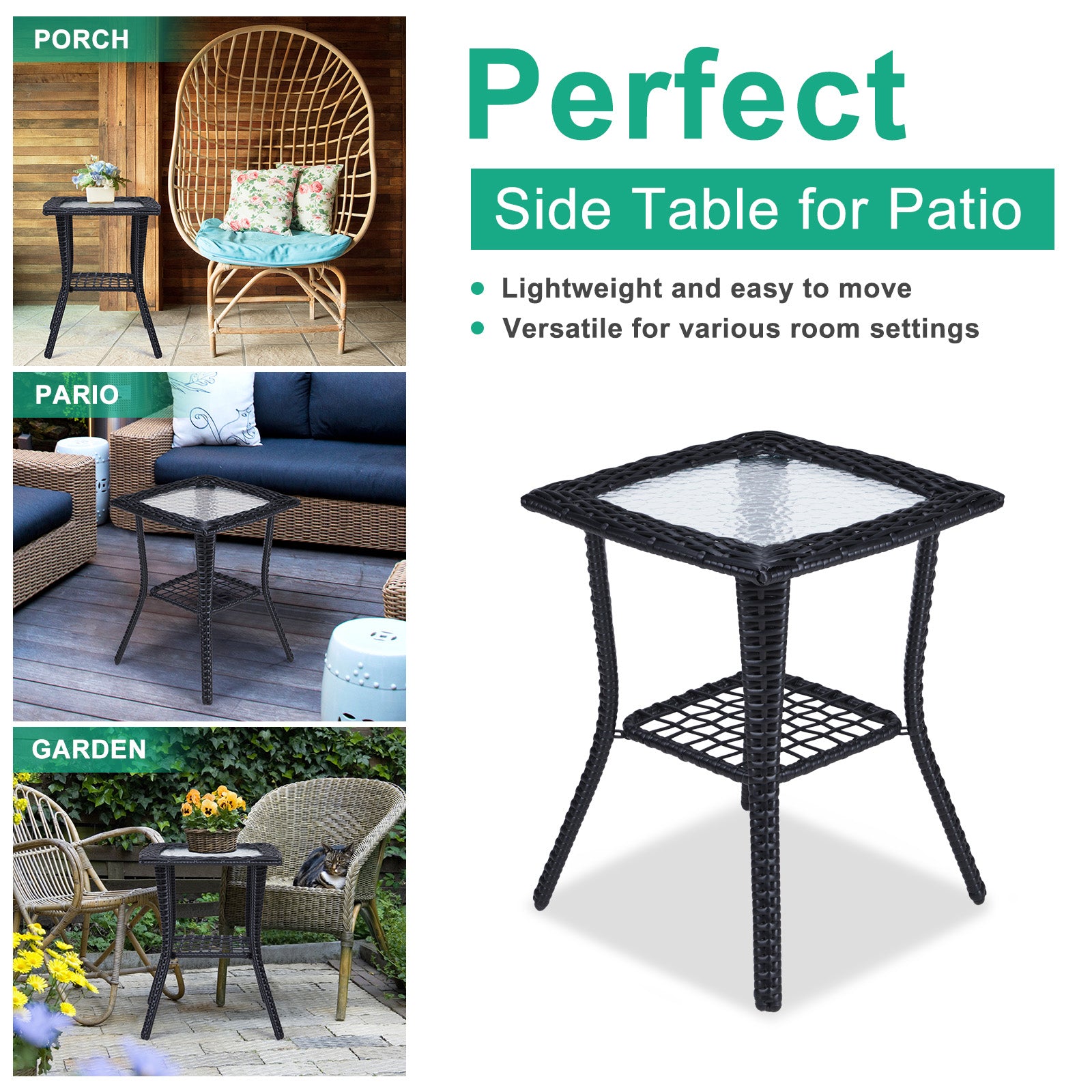 HAOYYE Outdoor Wicker Side Table with Tempered Glass Top, Rattan End Table with Lower Shelf for Storage, Bistro Coffee Table for Patio Balcony Porch Indoor Garden Furniture Decor