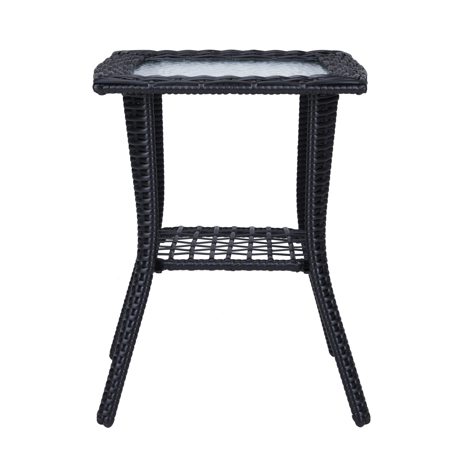 HAOYYE Outdoor Wicker Side Table with Tempered Glass Top, Rattan End Table with Lower Shelf for Storage, Bistro Coffee Table for Patio Balcony Porch Indoor Garden Furniture Decor