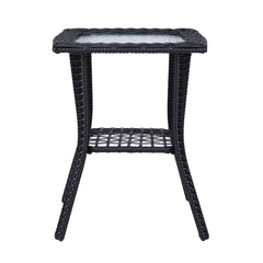 HAOYYE Outdoor Wicker Side Table with Tempered Glass Top, Rattan End Table with Lower Shelf for Storage, Bistro Coffee Table for Patio Balcony Porch Indoor Garden Furniture Decor