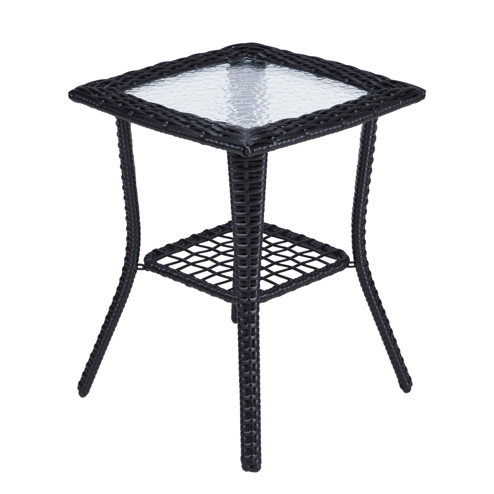 HAOYYE Outdoor Wicker Side Table with Tempered Glass Top, Rattan End Table with Lower Shelf for Storage, Bistro Coffee Table for Patio Balcony Porch Indoor Garden Furniture Decor
