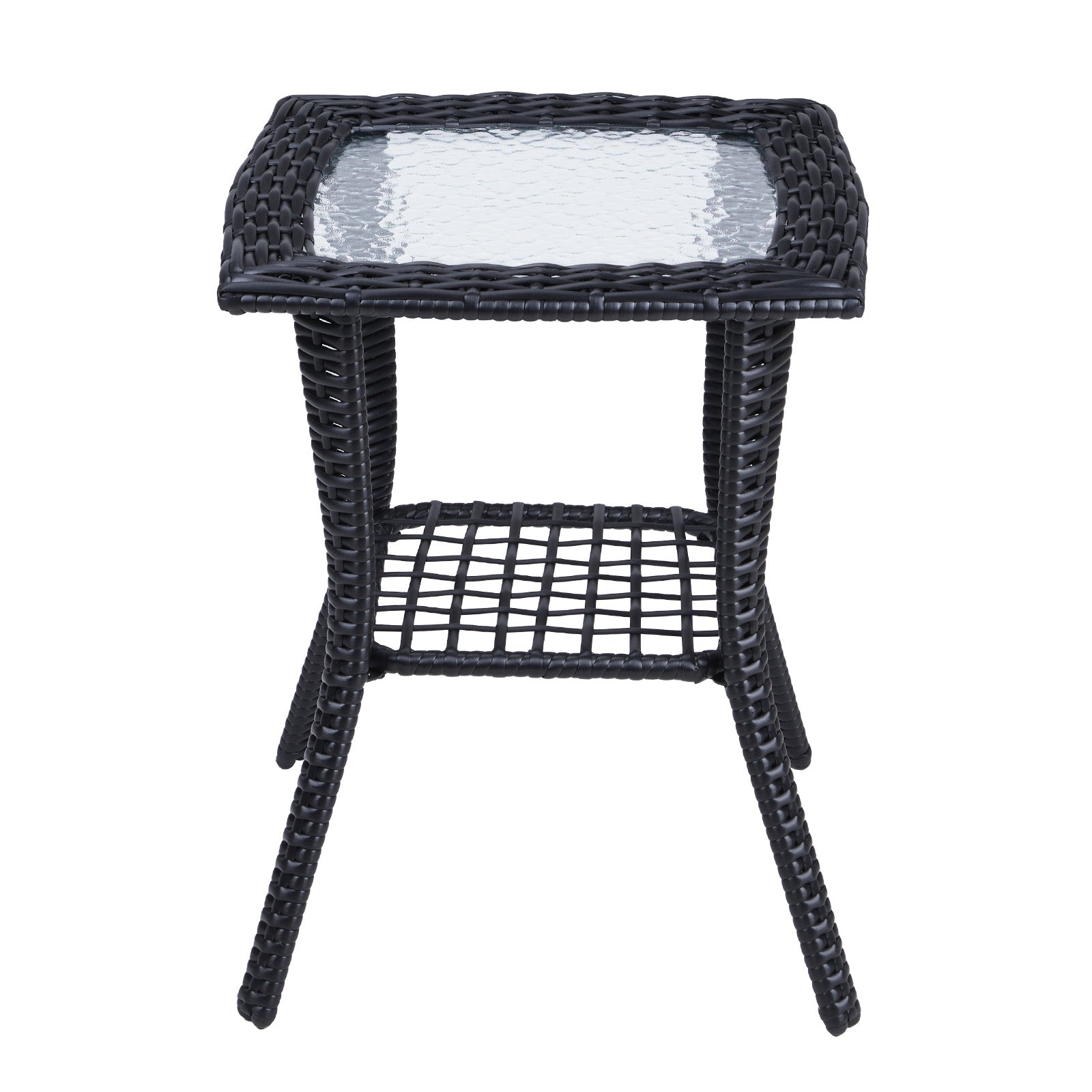 HAOYYE Outdoor Wicker Side Table with Tempered Glass Top, Rattan End Table with Lower Shelf for Storage, Bistro Coffee Table for Patio Balcony Porch Indoor Garden Furniture Decor