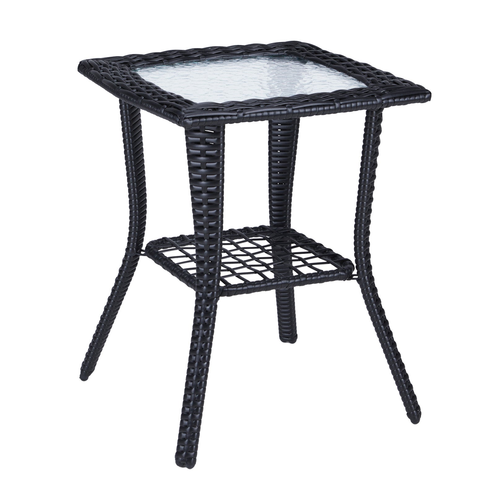 HAOYYE Outdoor Wicker Side Table with Tempered Glass Top, Rattan End Table with Lower Shelf for Storage, Bistro Coffee Table for Patio Balcony Porch Indoor Garden Furniture Decor