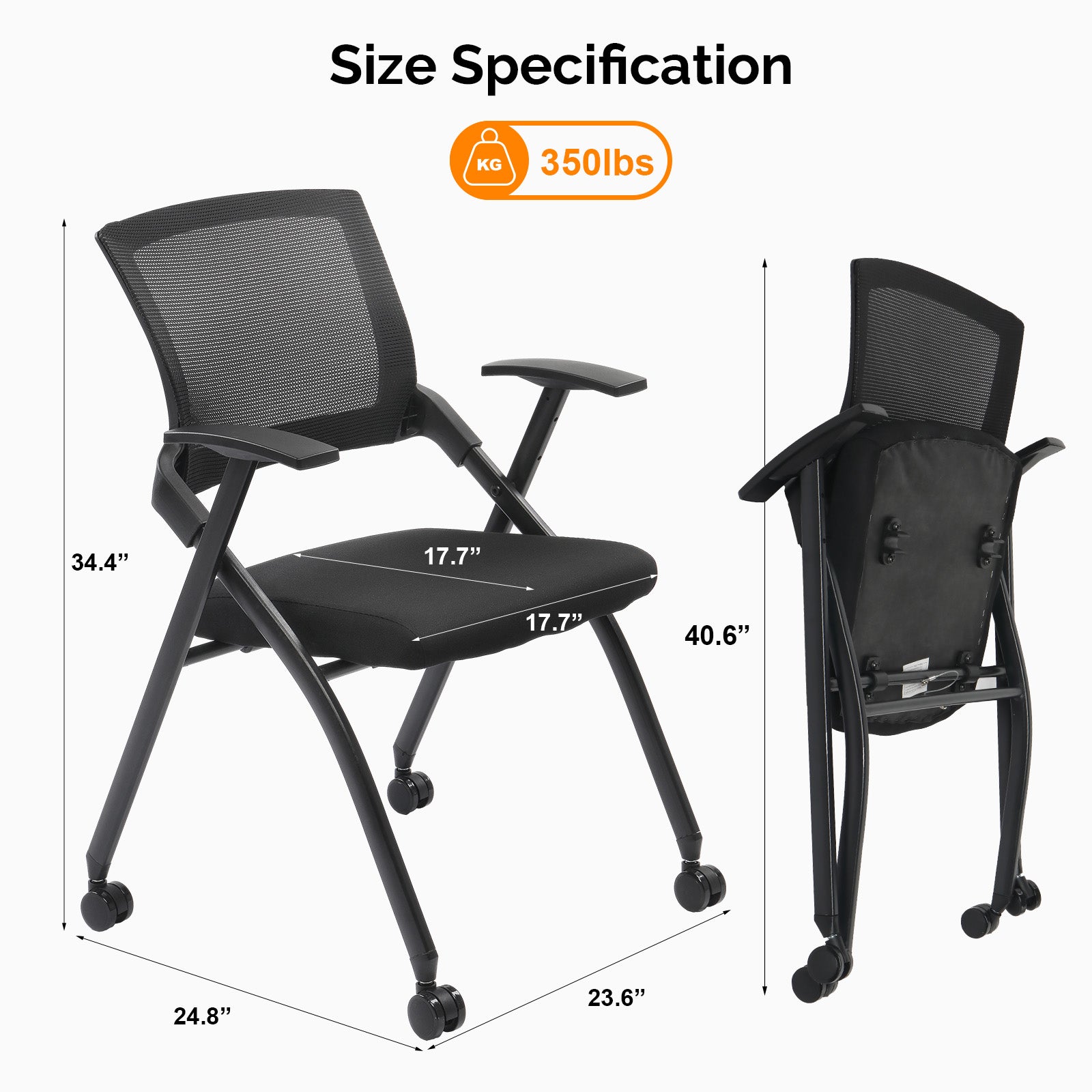 HAOYYE 1 Pack Stackable Folding Office Chair with Wheels and Padded Seat Rebound Back Black PU Upholstery Metal Frame Conference Guest Reception Training Room Chair Fully Assembled Supports 350lbs