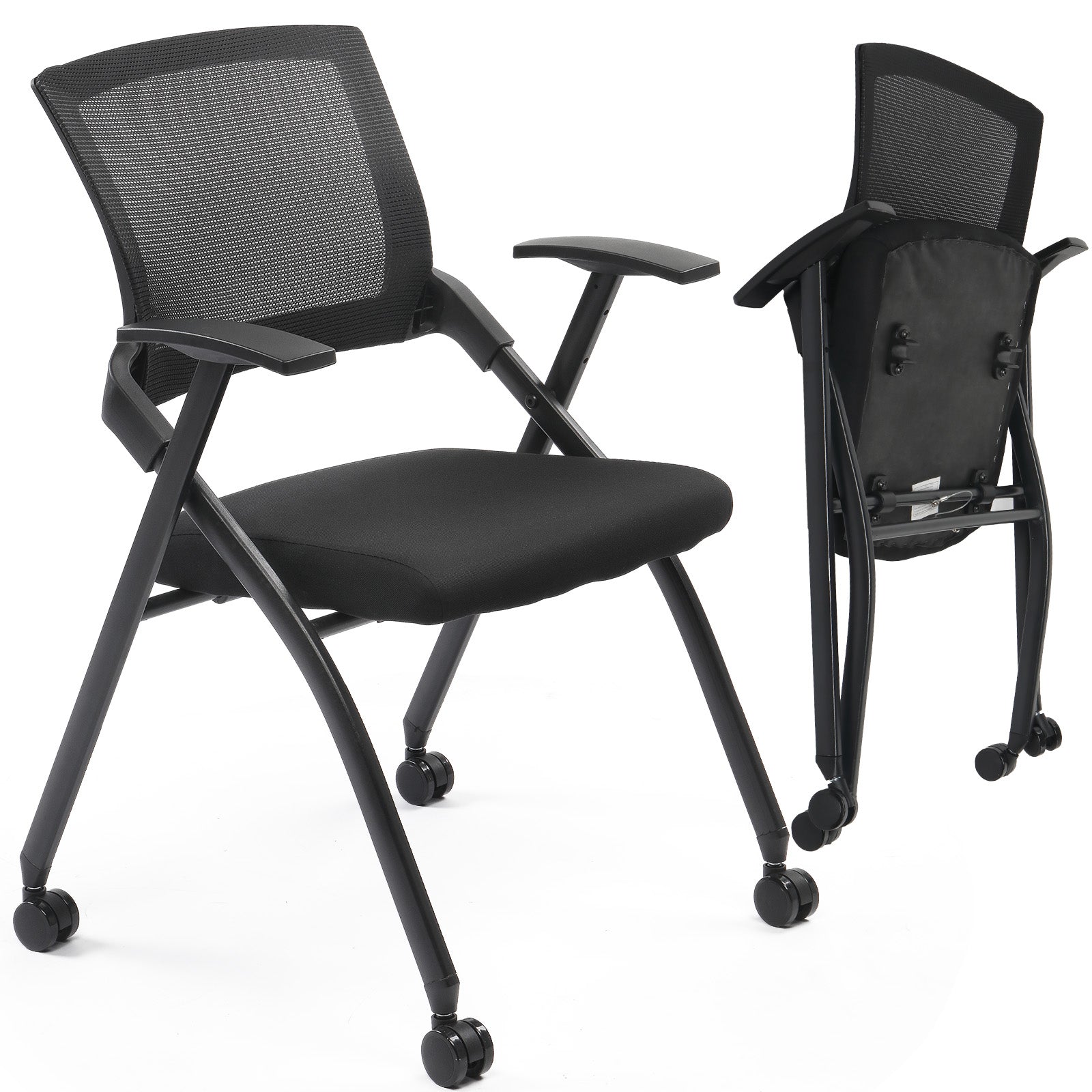 HAOYYE 1 Pack Stackable Folding Office Chair with Wheels and Padded Seat Rebound Back Black PU Upholstery Metal Frame Conference Guest Reception Training Room Chair Fully Assembled Supports 350lbs