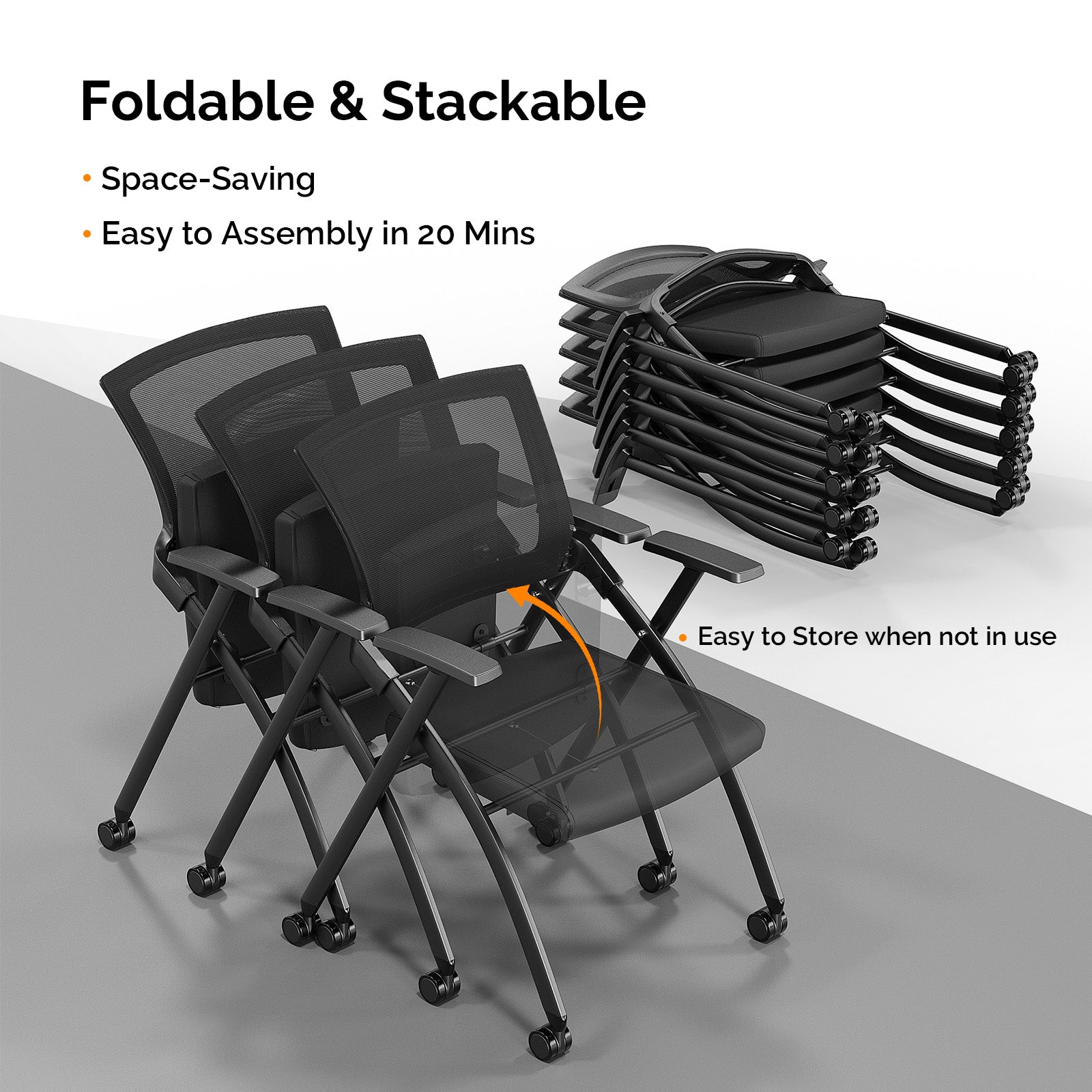 HAOYYE 1 Pack Stackable Folding Office Chair with Wheels and Padded Seat Rebound Back Black PU Upholstery Metal Frame Conference Guest Reception Training Room Chair Fully Assembled Supports 350lbs