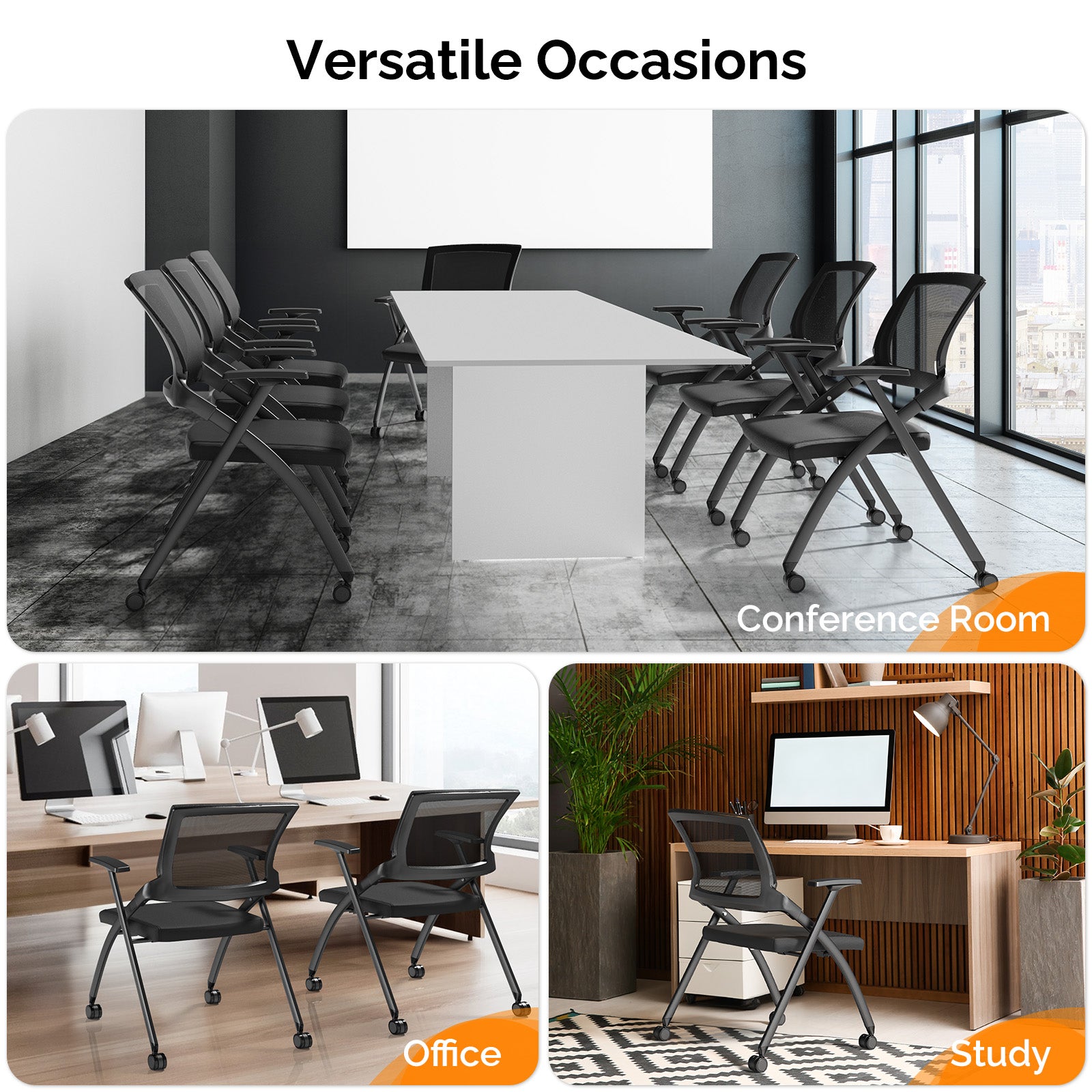 HAOYYE 2 Pack Stackable Conference Room Chairs with Wheels, Folding Office Chairs with Rebound Back and Padded Seat, Ideal for Training Room, Guest, Reception, and Event Use, 350lbs Capacity