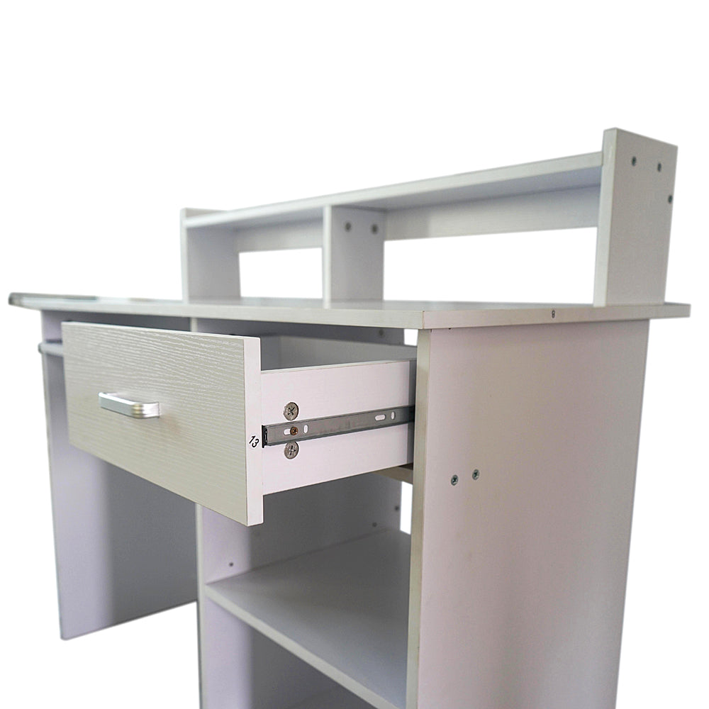 HAOYYE Modern White Computer Desk with Drawer and Shelves, E1 15MM Chipboard Study Writing Table for Home Office Workstation