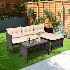 HAOYYE 3 Piece Outdoor PE Rattan Furniture Set Patio Wicker Conversation Sofa Sectional Loveseat with Comfortable Khaki Cushions Weather Resistant Black Frame for Garden Balcony Deck Backyard