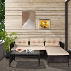 HAOYYE 3 Piece Outdoor PE Rattan Furniture Set Patio Wicker Conversation Sofa Sectional Loveseat with Comfortable Khaki Cushions Weather Resistant Black Frame for Garden Balcony Deck Backyard