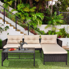 HAOYYE 3 Piece Outdoor PE Rattan Furniture Set Patio Wicker Conversation Sofa Sectional Loveseat with Comfortable Khaki Cushions Weather Resistant Black Frame for Garden Balcony Deck Backyard
