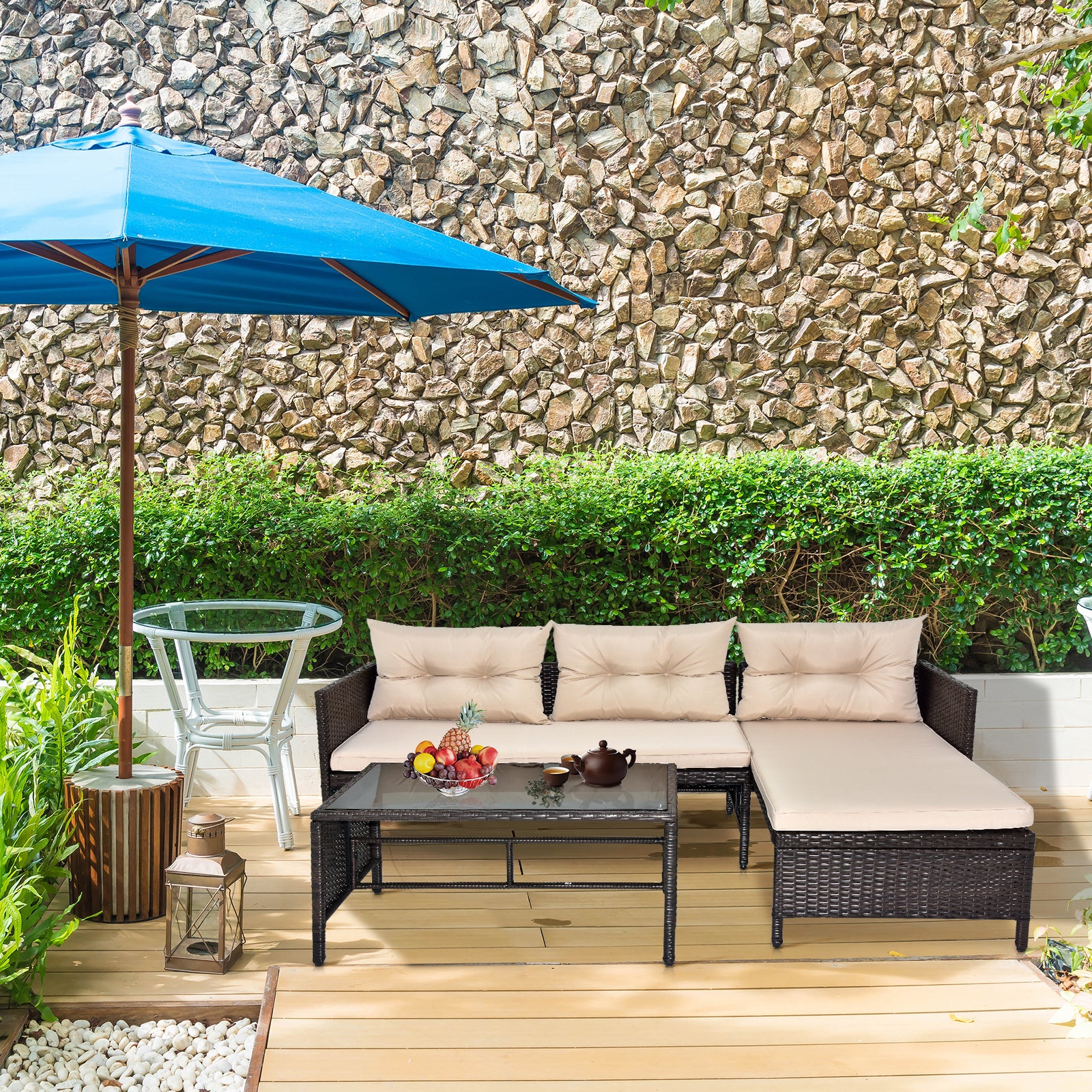 HAOYYE 3 Piece Outdoor PE Rattan Furniture Set Patio Wicker Conversation Sofa Sectional Loveseat with Comfortable Khaki Cushions Weather Resistant Black Frame for Garden Balcony Deck Backyard