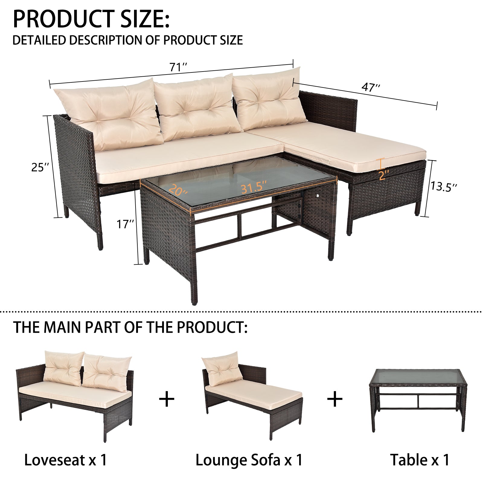 HAOYYE 3 Piece Outdoor PE Rattan Furniture Set Patio Wicker Conversation Sofa Sectional Loveseat with Comfortable Khaki Cushions Weather Resistant Black Frame for Garden Balcony Deck Backyard
