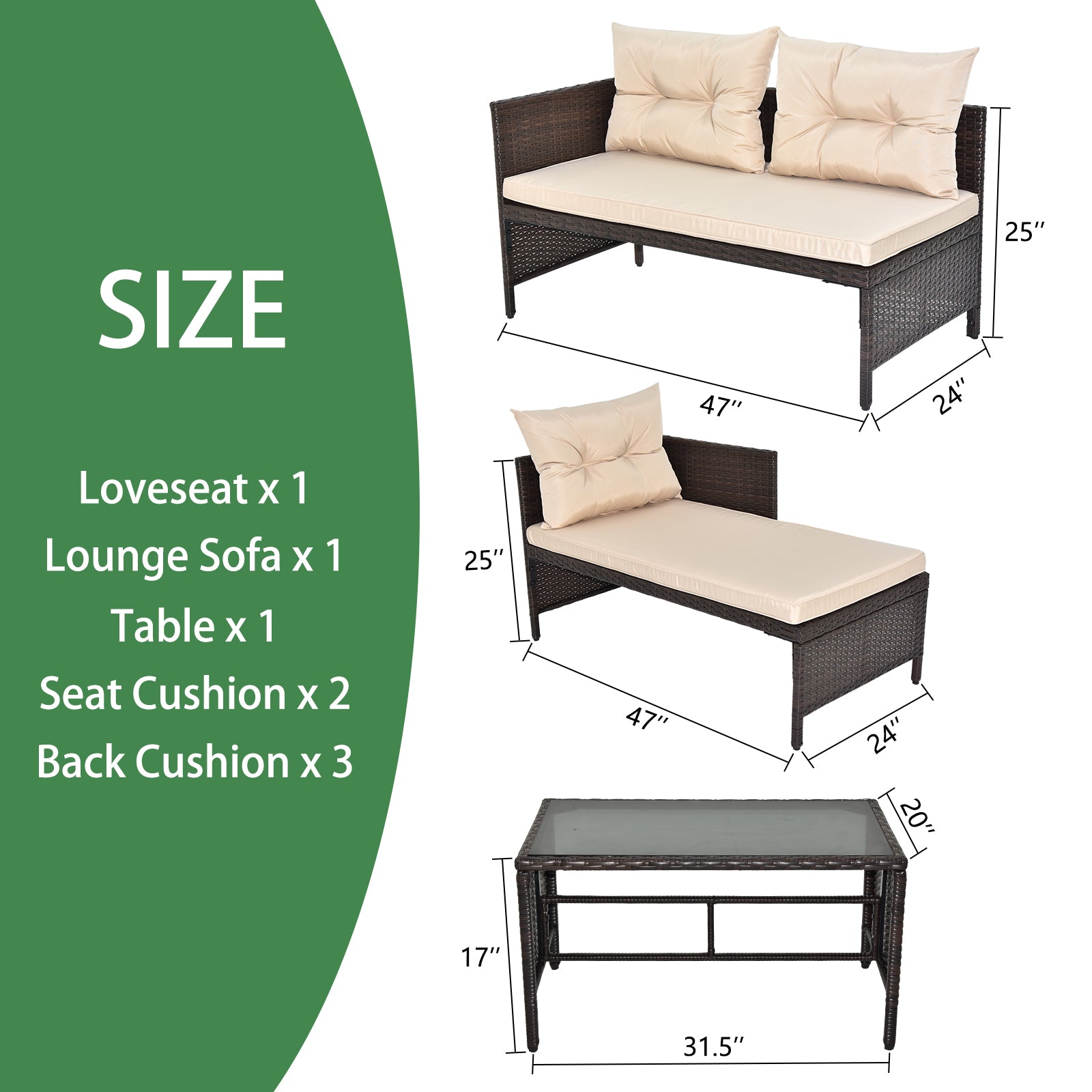 HAOYYE 3 Piece Outdoor PE Rattan Furniture Set Patio Wicker Conversation Sofa Sectional Loveseat with Comfortable Khaki Cushions Weather Resistant Black Frame for Garden Balcony Deck Backyard