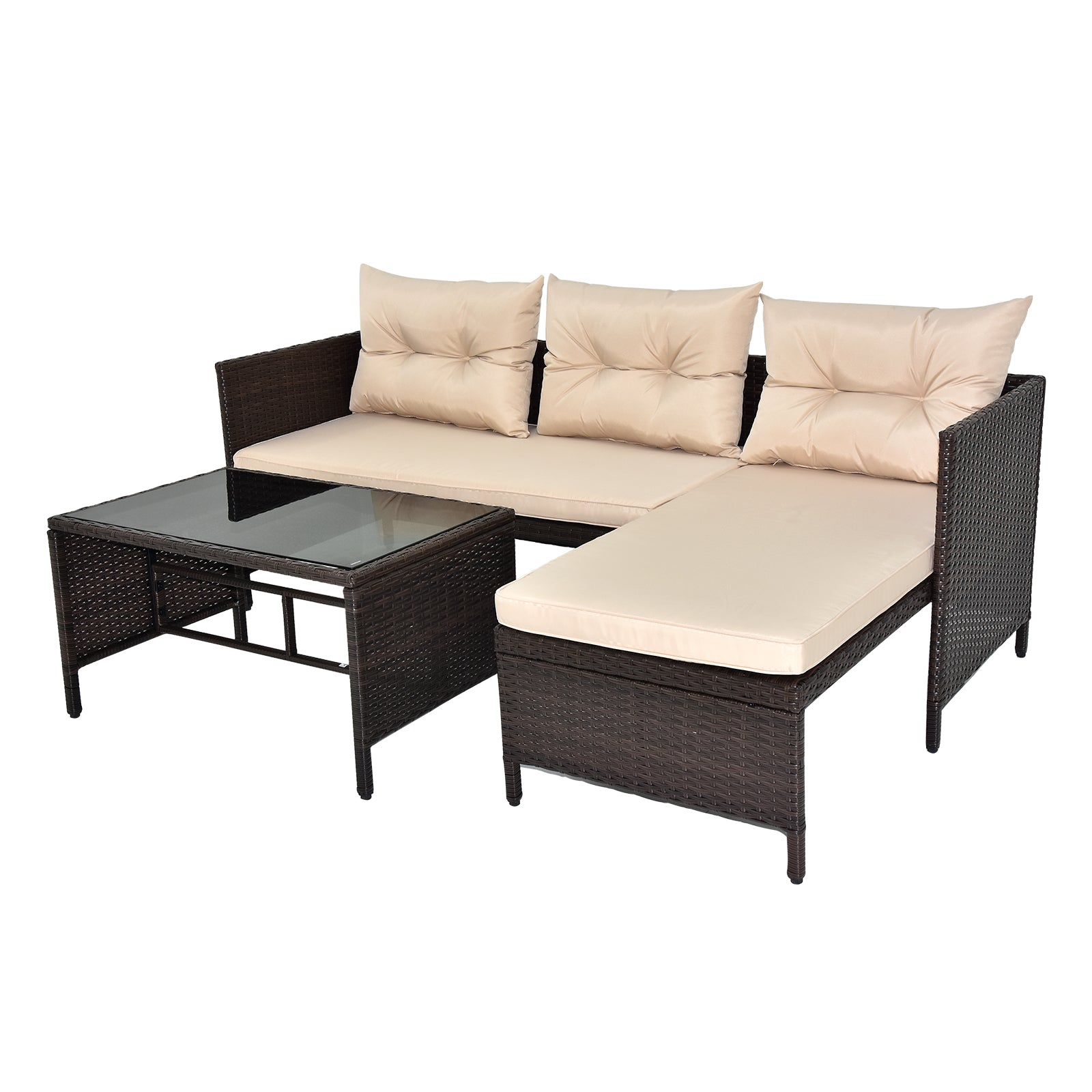 HAOYYE 3 Piece Outdoor PE Rattan Furniture Set Patio Wicker Conversation Sofa Sectional Loveseat with Comfortable Khaki Cushions Weather Resistant Black Frame for Garden Balcony Deck Backyard