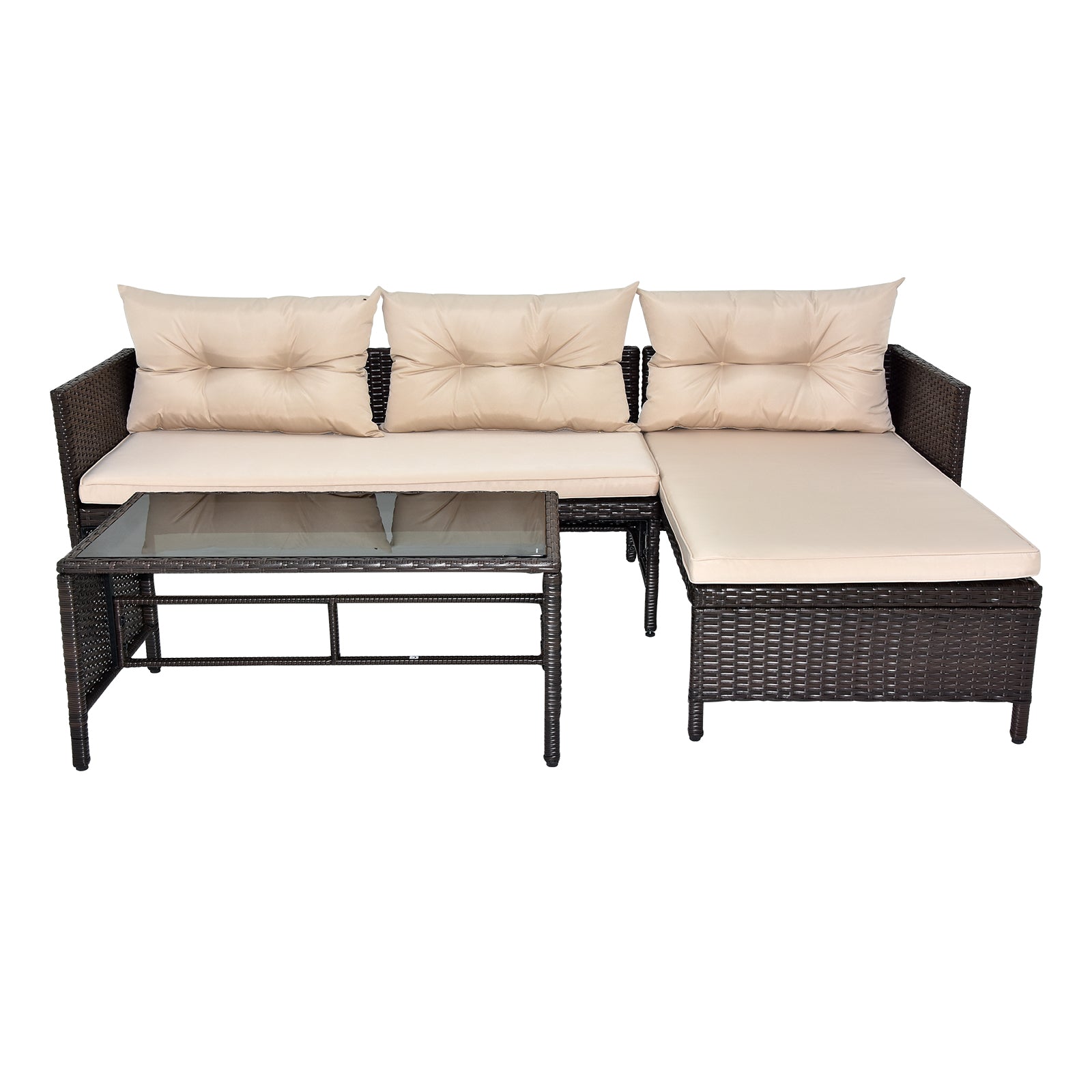 HAOYYE 3 Piece Outdoor PE Rattan Furniture Set Patio Wicker Conversation Sofa Sectional Loveseat with Comfortable Khaki Cushions Weather Resistant Black Frame for Garden Balcony Deck Backyard