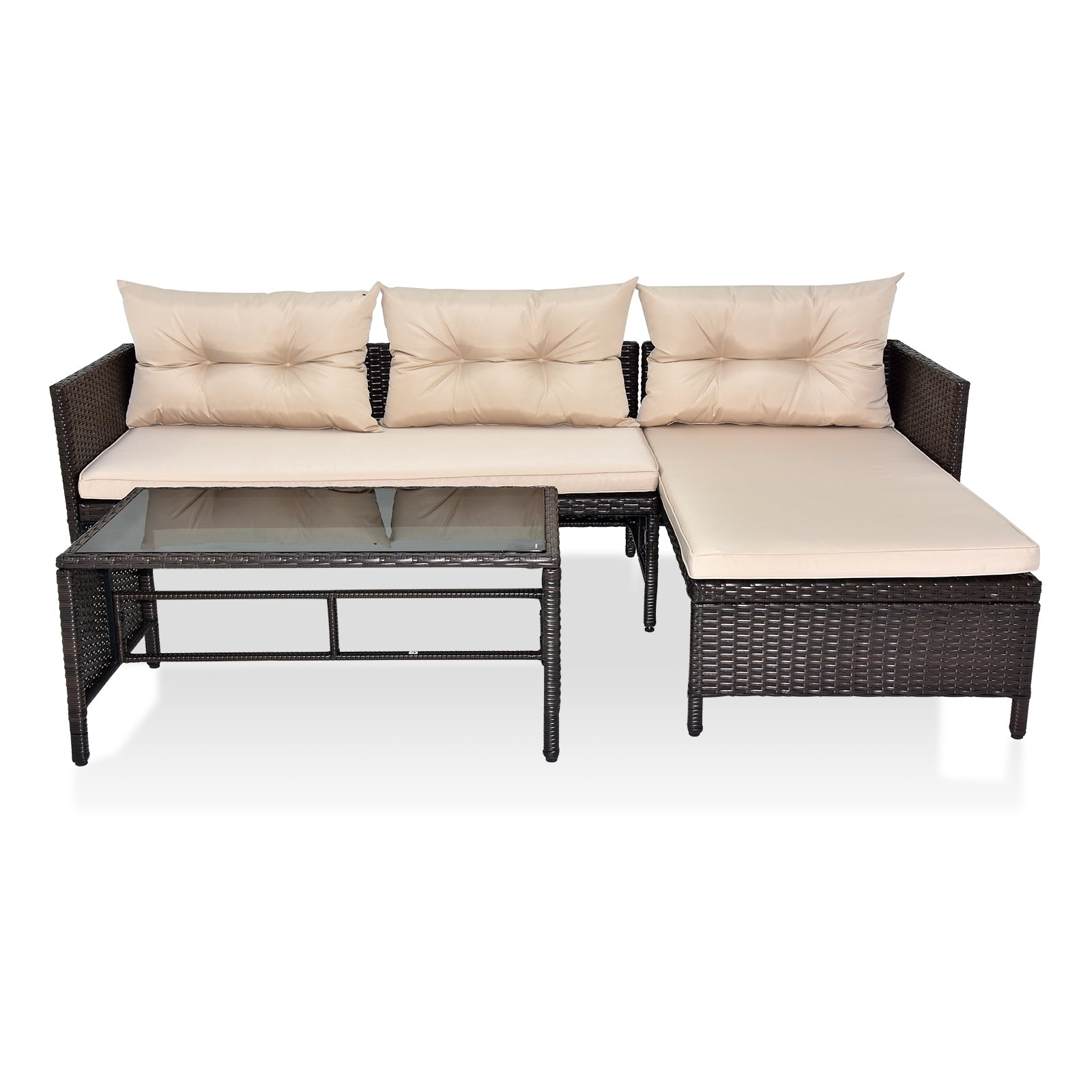 HAOYYE 3 Piece Outdoor PE Rattan Furniture Set Patio Wicker Conversation Sofa Sectional Loveseat with Comfortable Khaki Cushions Weather Resistant Black Frame for Garden Balcony Deck Backyard
