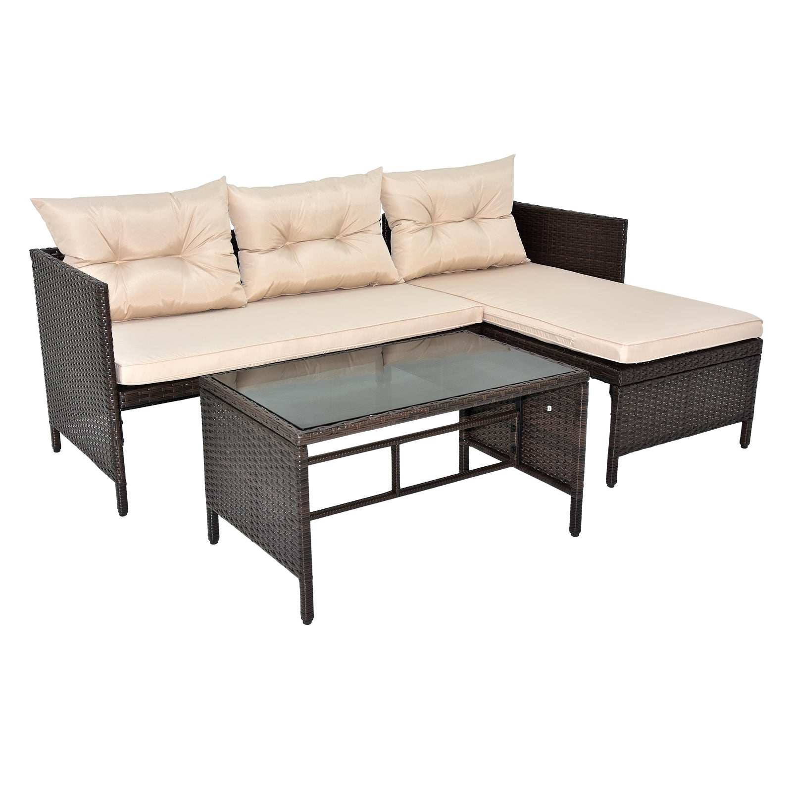 HAOYYE 3 Piece Outdoor PE Rattan Furniture Set Patio Wicker Conversation Sofa Sectional Loveseat with Comfortable Khaki Cushions Weather Resistant Black Frame for Garden Balcony Deck Backyard