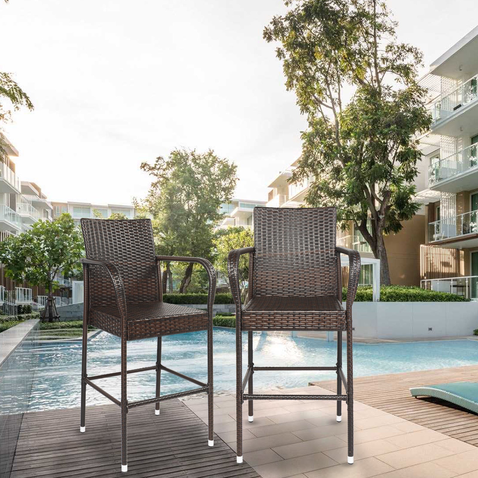 HAOYYE 2PCS High Bar Chairs Brown Gradient Rattan with Footrest and Armrest, Heavy Duty Outdoor PE Wicker Tall Stools with Iron Frame for Patio Balcony Bistro Pub Kitchen Island Seating