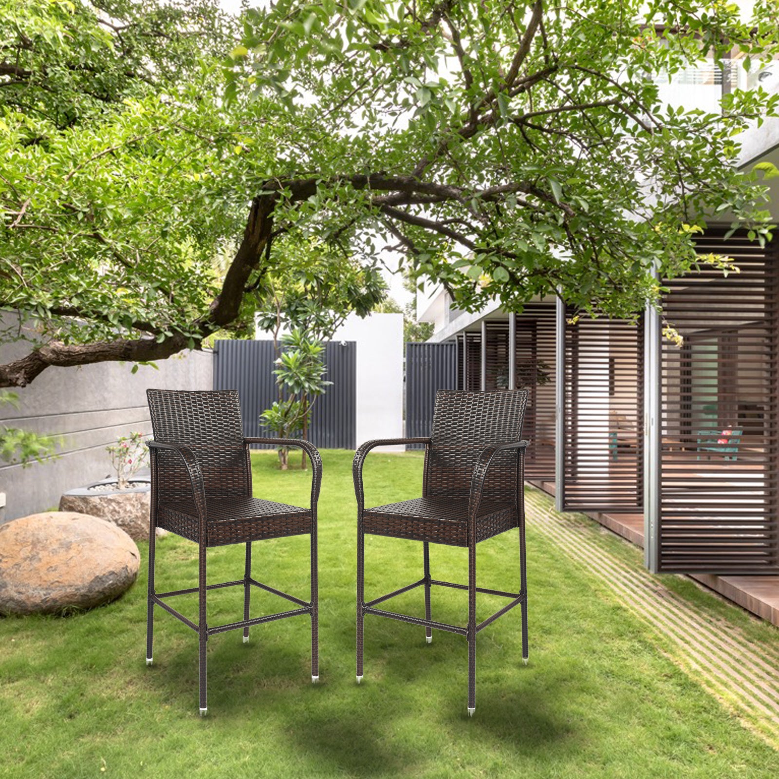 HAOYYE 2PCS High Bar Chairs Brown Gradient Rattan with Footrest and Armrest, Heavy Duty Outdoor PE Wicker Tall Stools with Iron Frame for Patio Balcony Bistro Pub Kitchen Island Seating