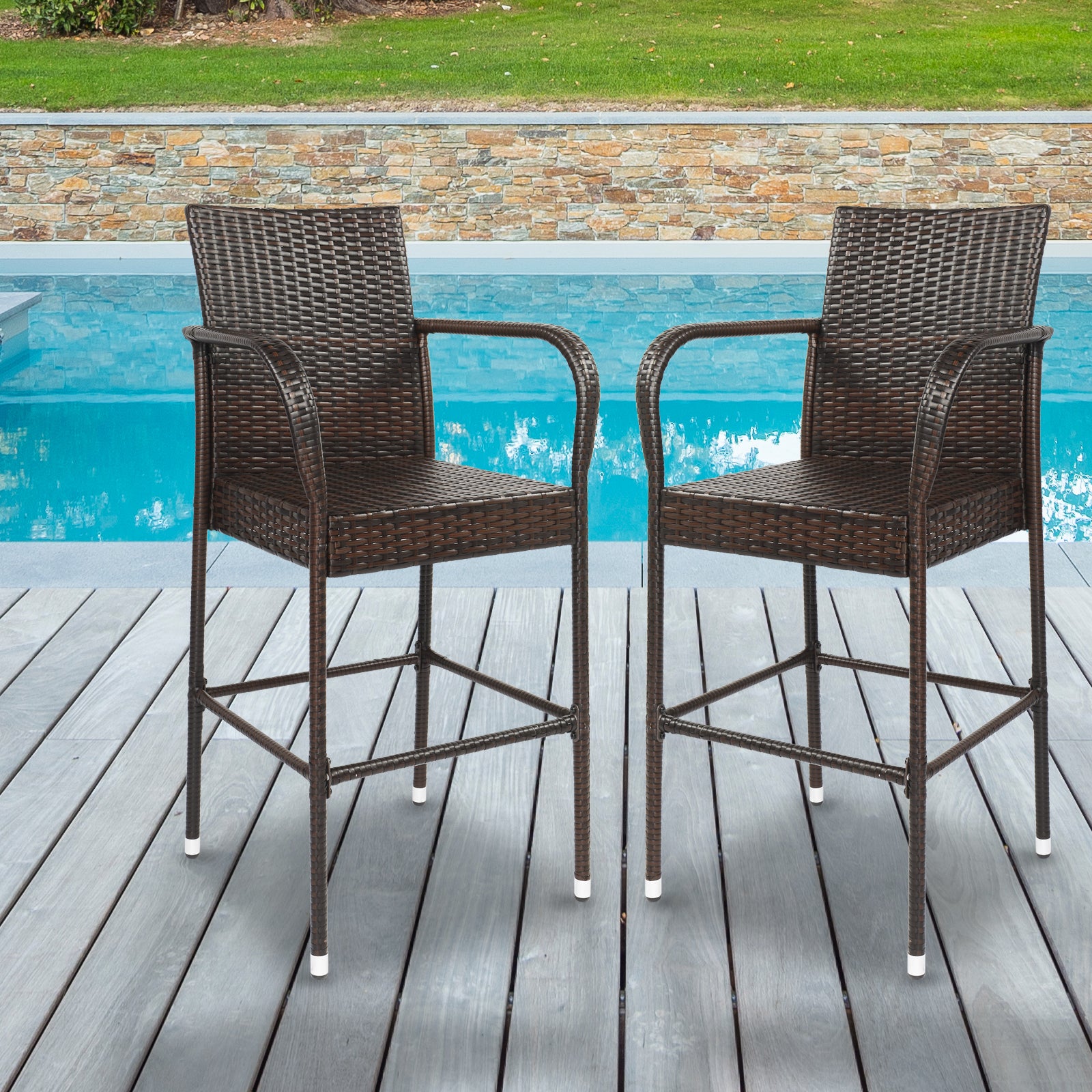 HAOYYE 2PCS High Bar Chairs Brown Gradient Rattan with Footrest and Armrest, Heavy Duty Outdoor PE Wicker Tall Stools with Iron Frame for Patio Balcony Bistro Pub Kitchen Island Seating