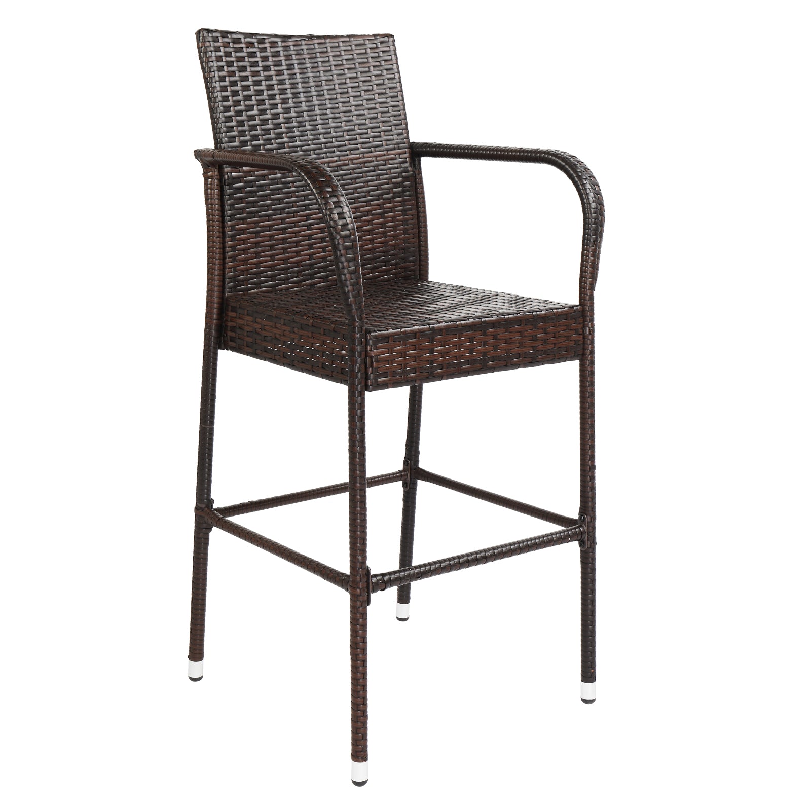 HAOYYE 2PCS High Bar Chairs Brown Gradient Rattan with Footrest and Armrest, Heavy Duty Outdoor PE Wicker Tall Stools with Iron Frame for Patio Balcony Bistro Pub Kitchen Island Seating