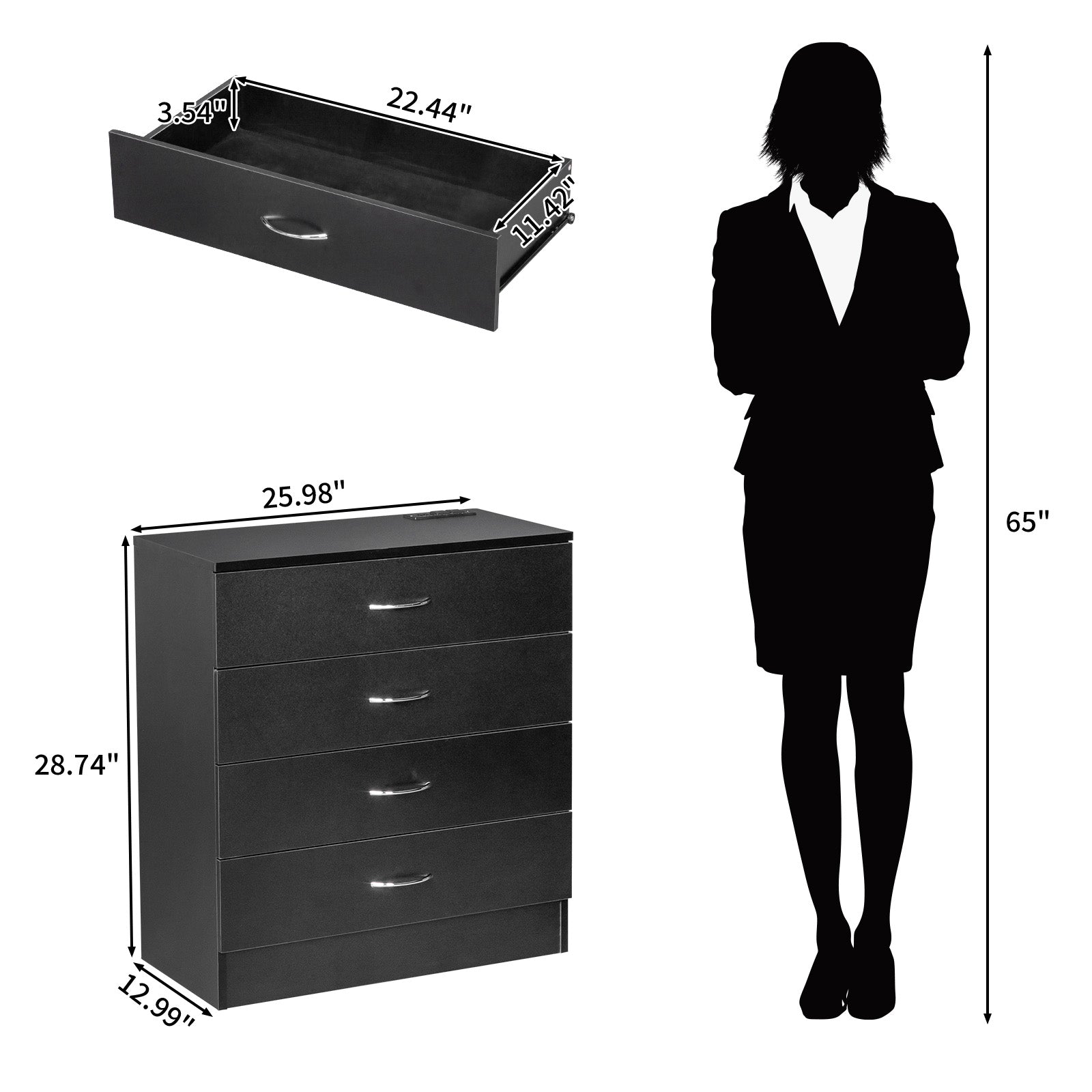 HAOYYE PB Wood Simple 4-Drawer Nightstand Dresser with Built-In USB Ports and Power Outlet, Modern Black Bedside Storage Cabinet, Space-Saving Design, Durable Wood Construction for Bedroom and Living Room