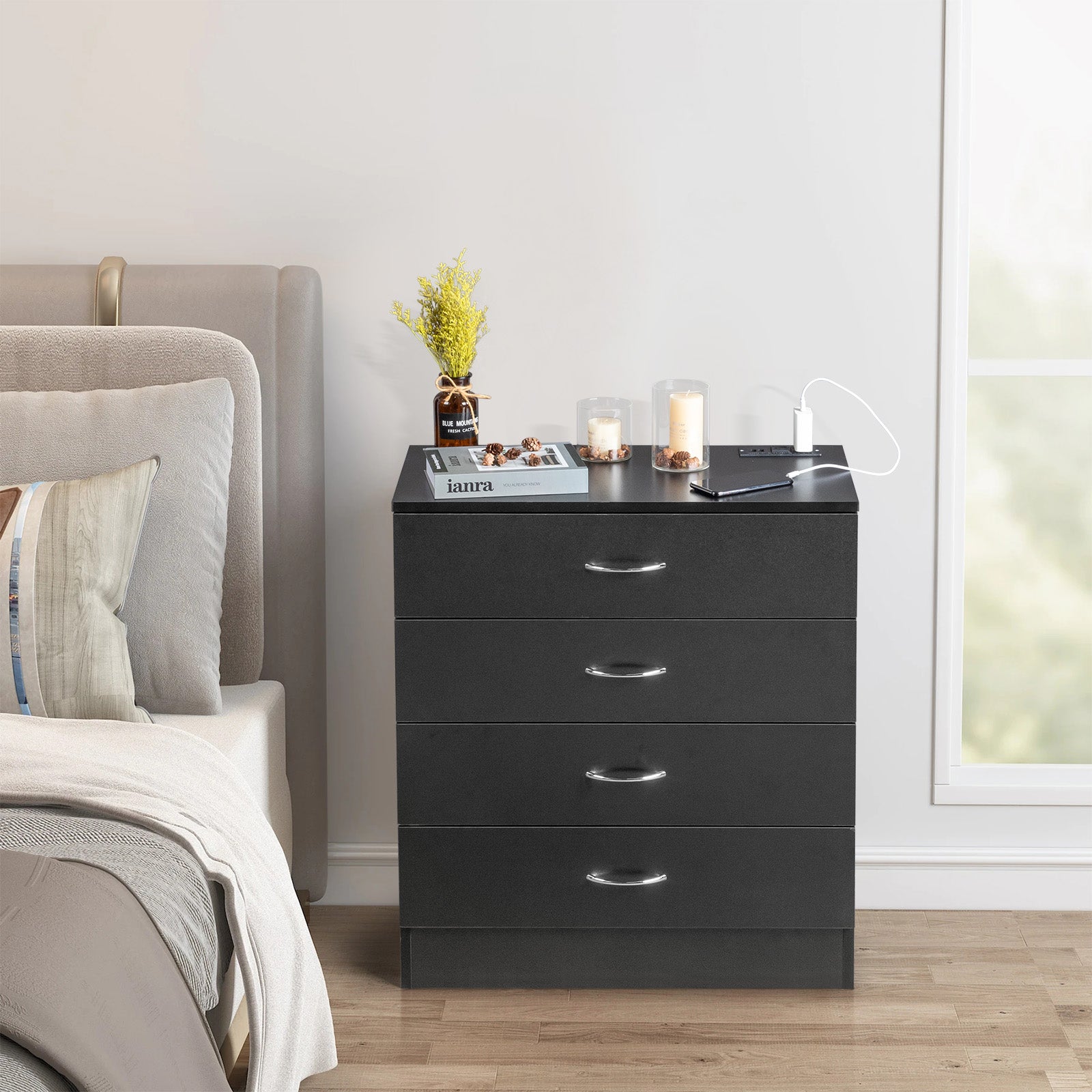 HAOYYE PB Wood Simple 4-Drawer Nightstand Dresser with Built-In USB Ports and Power Outlet, Modern Black Bedside Storage Cabinet, Space-Saving Design, Durable Wood Construction for Bedroom and Living Room