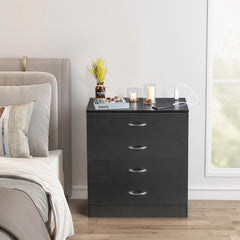 HAOYYE PB Wood Simple 4-Drawer Nightstand Dresser with Built-In USB Ports and Power Outlet, Modern Black Bedside Storage Cabinet, Space-Saving Design, Durable Wood Construction for Bedroom and Living Room