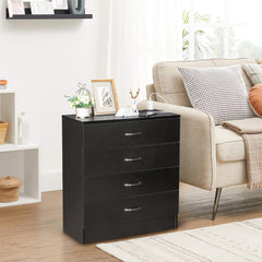 HAOYYE PB Wood Simple 4-Drawer Nightstand Dresser with Built-In USB Ports and Power Outlet, Modern Black Bedside Storage Cabinet, Space-Saving Design, Durable Wood Construction for Bedroom and Living Room
