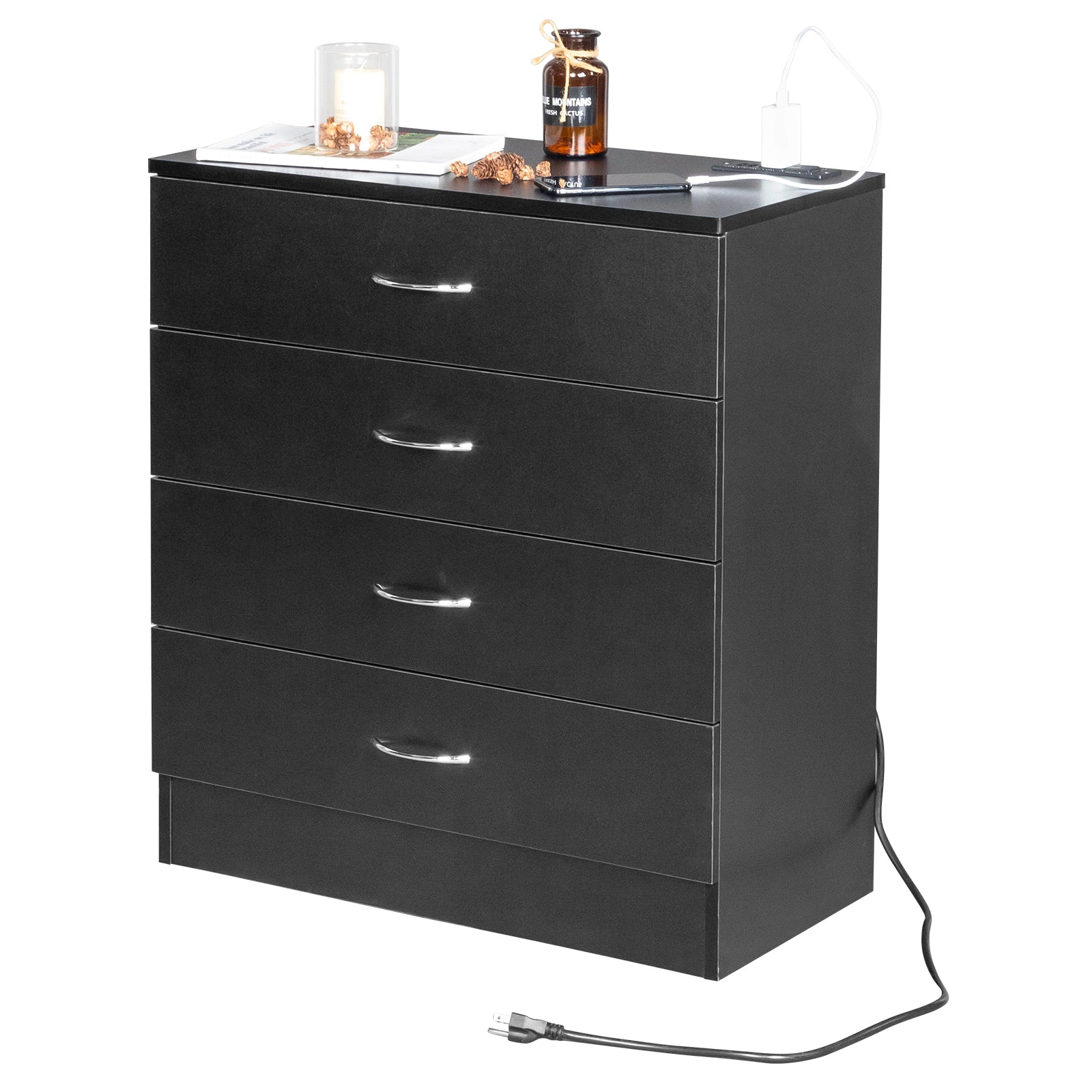 HAOYYE PB Wood Simple 4-Drawer Nightstand Dresser with Built-In USB Ports and Power Outlet, Modern Black Bedside Storage Cabinet, Space-Saving Design, Durable Wood Construction for Bedroom and Living Room