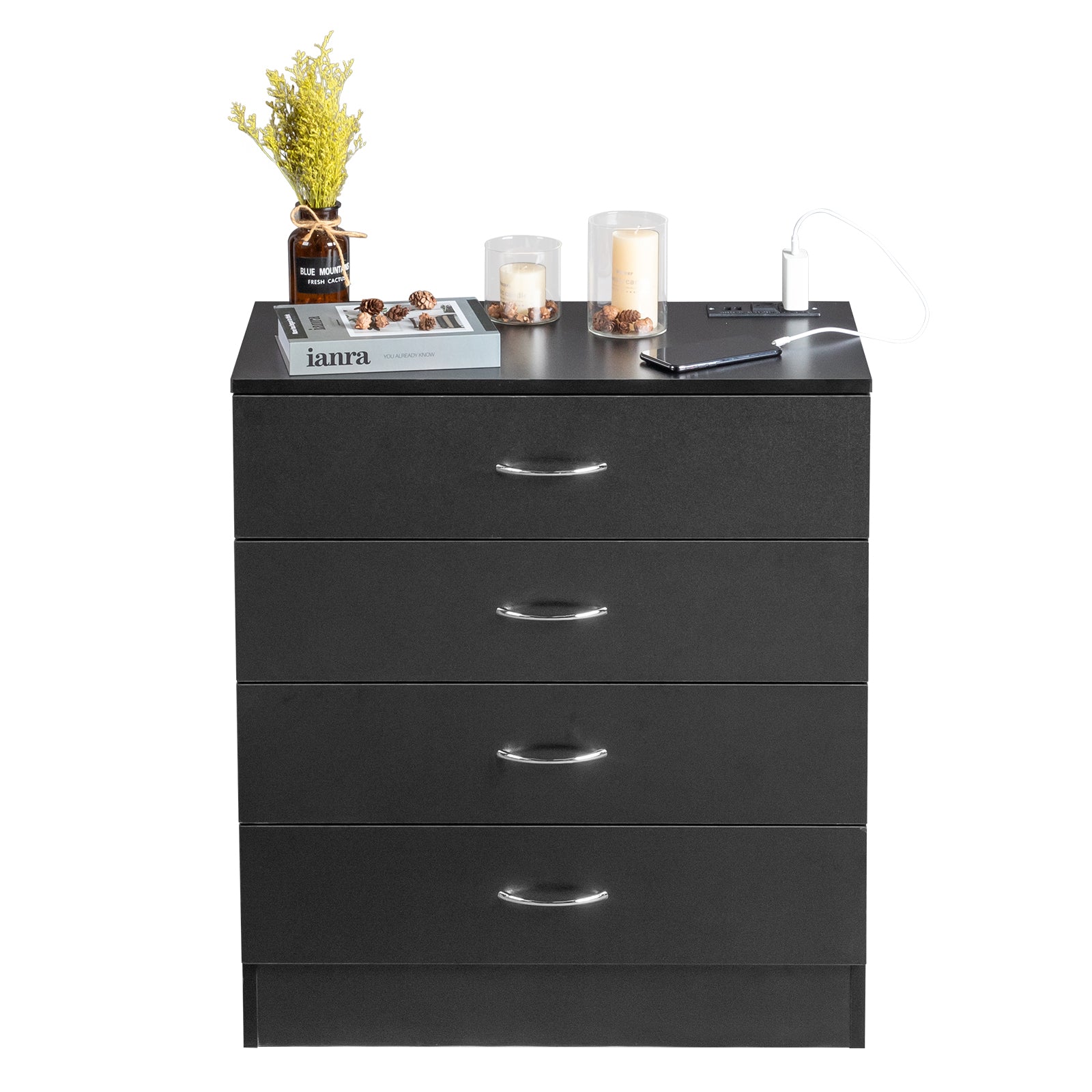 HAOYYE PB Wood Simple 4-Drawer Nightstand Dresser with Built-In USB Ports and Power Outlet, Modern Black Bedside Storage Cabinet, Space-Saving Design, Durable Wood Construction for Bedroom and Living Room